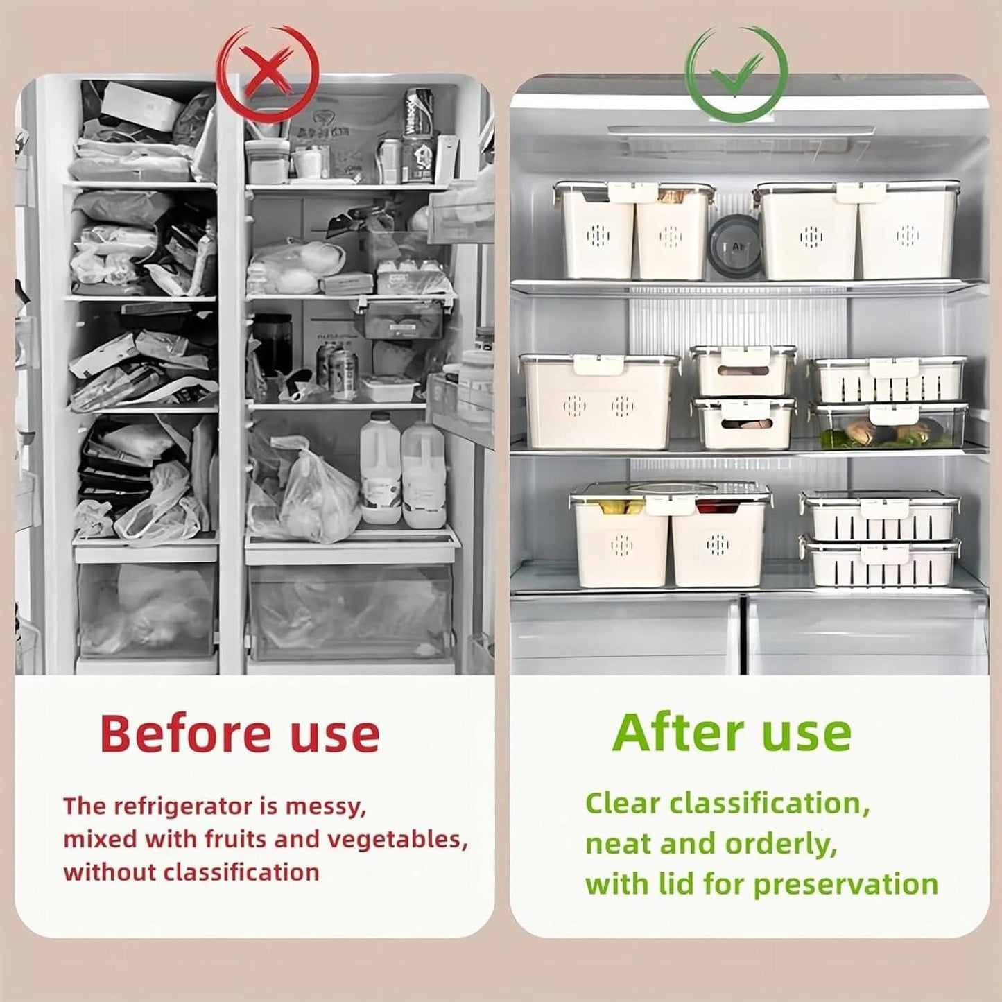 Before and after fridge organization showing messy fridge versus neat fridge with fridge storage container