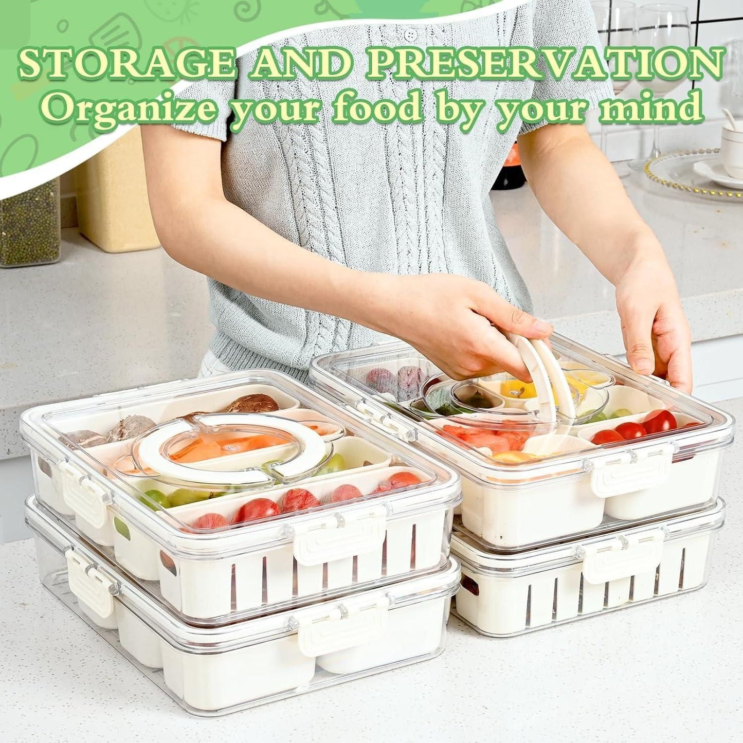 Clear fridge storage container set with white lids organizing fresh fruits and vegetables on kitchen counter