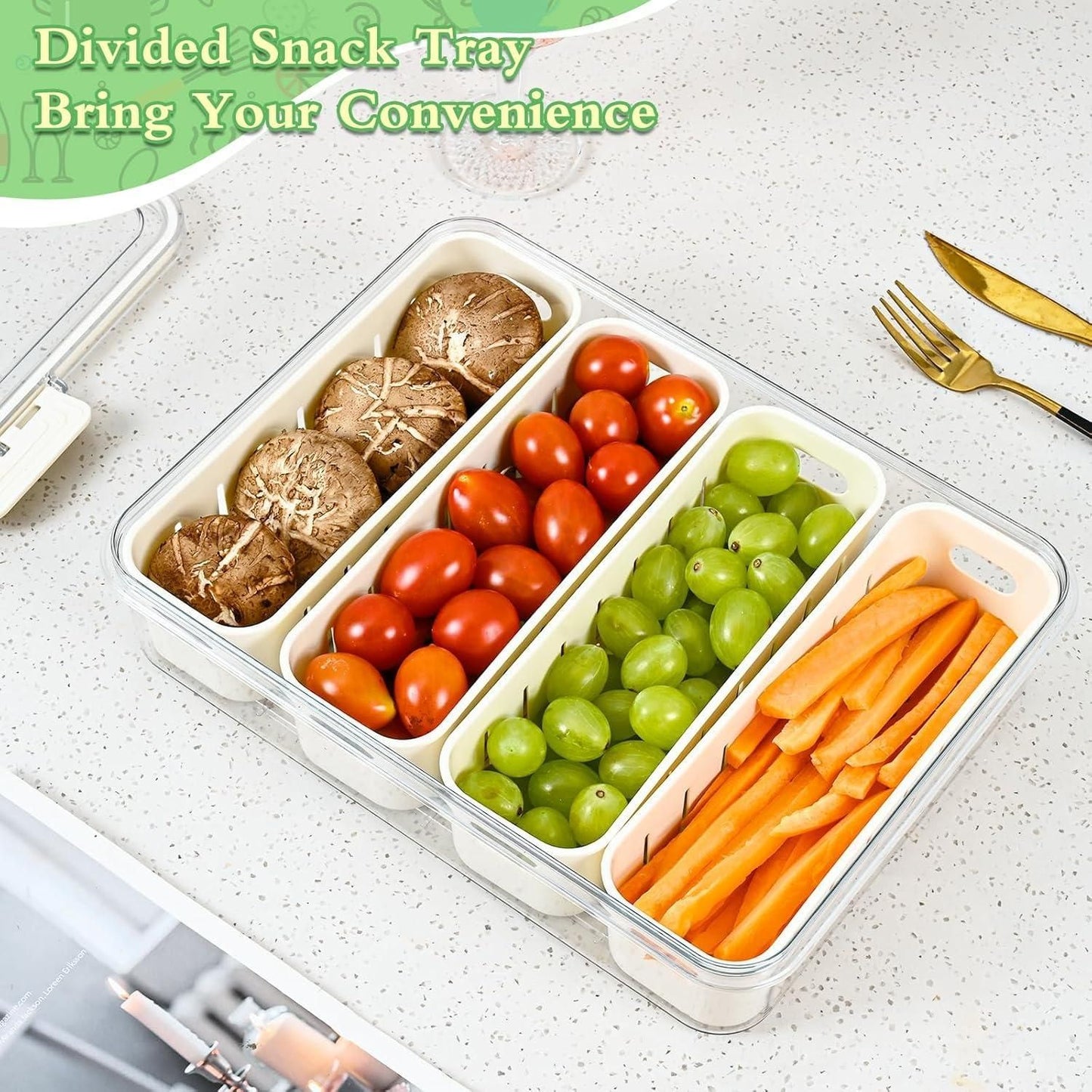 Clear divided snack tray fridge storage container with mushrooms cherry tomatoes grapes and carrot sticks