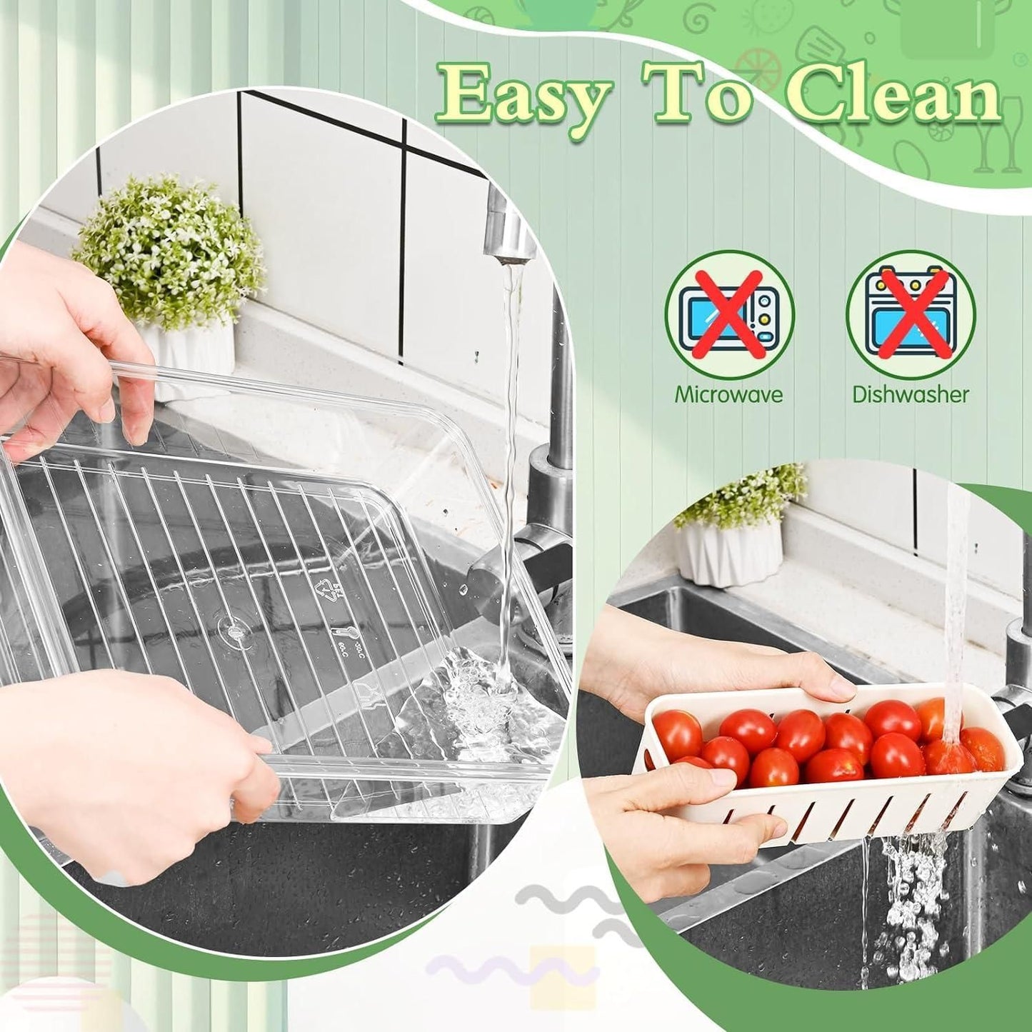 Clear fridge storage container being washed by hand to show easy to clean feature