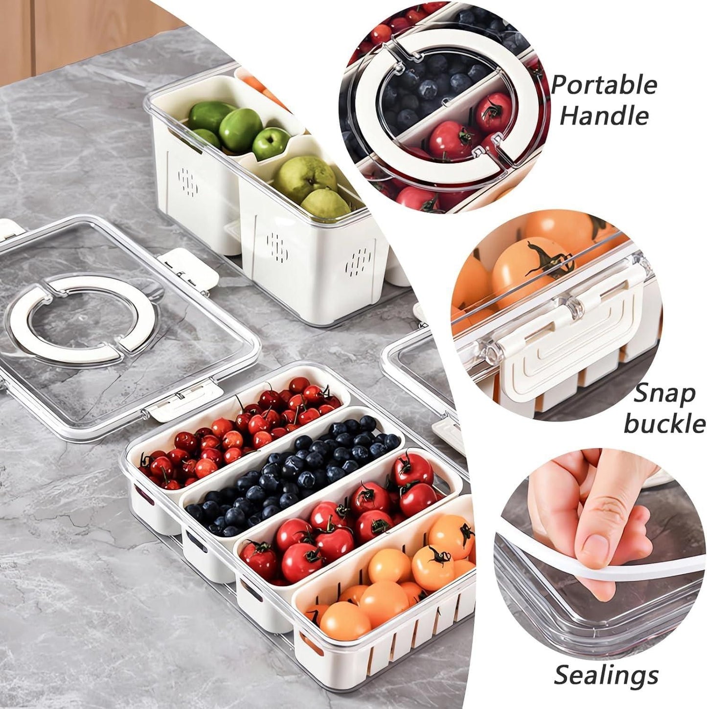 White fridge storage container with compartments for fruits and vegetables with snap buckle and portable handle