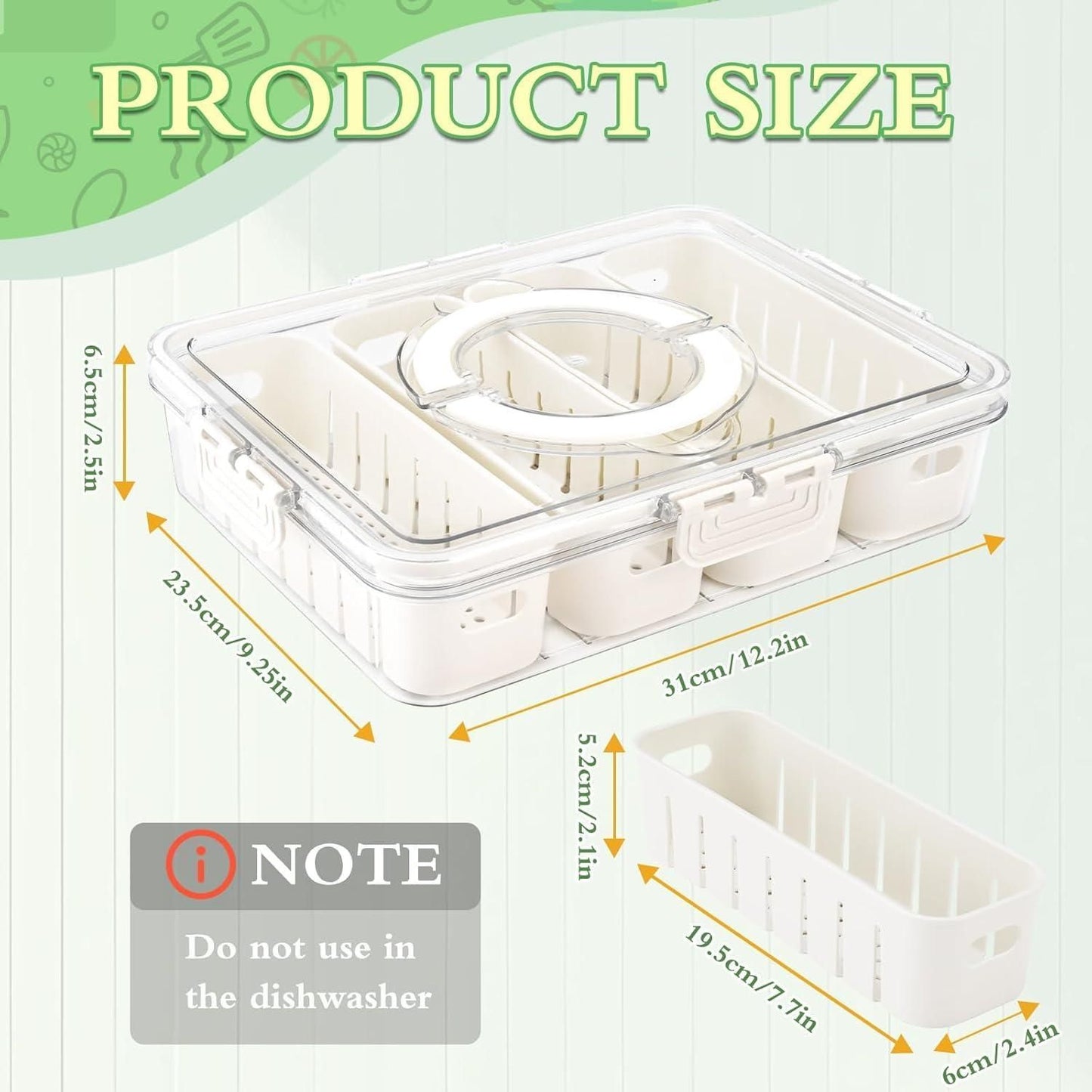 Clear fridge storage container with multiple compartments and secure lid with measurements