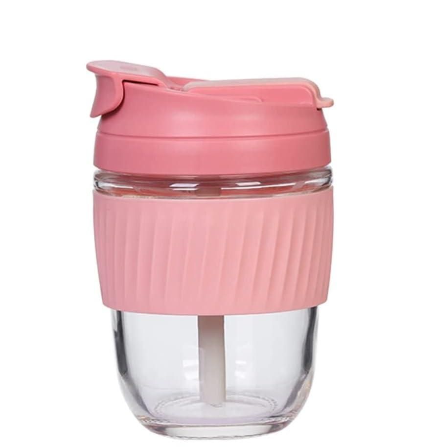 Eco friendly glass tumbler India with pink silicone lid and grip for reusable beverage container