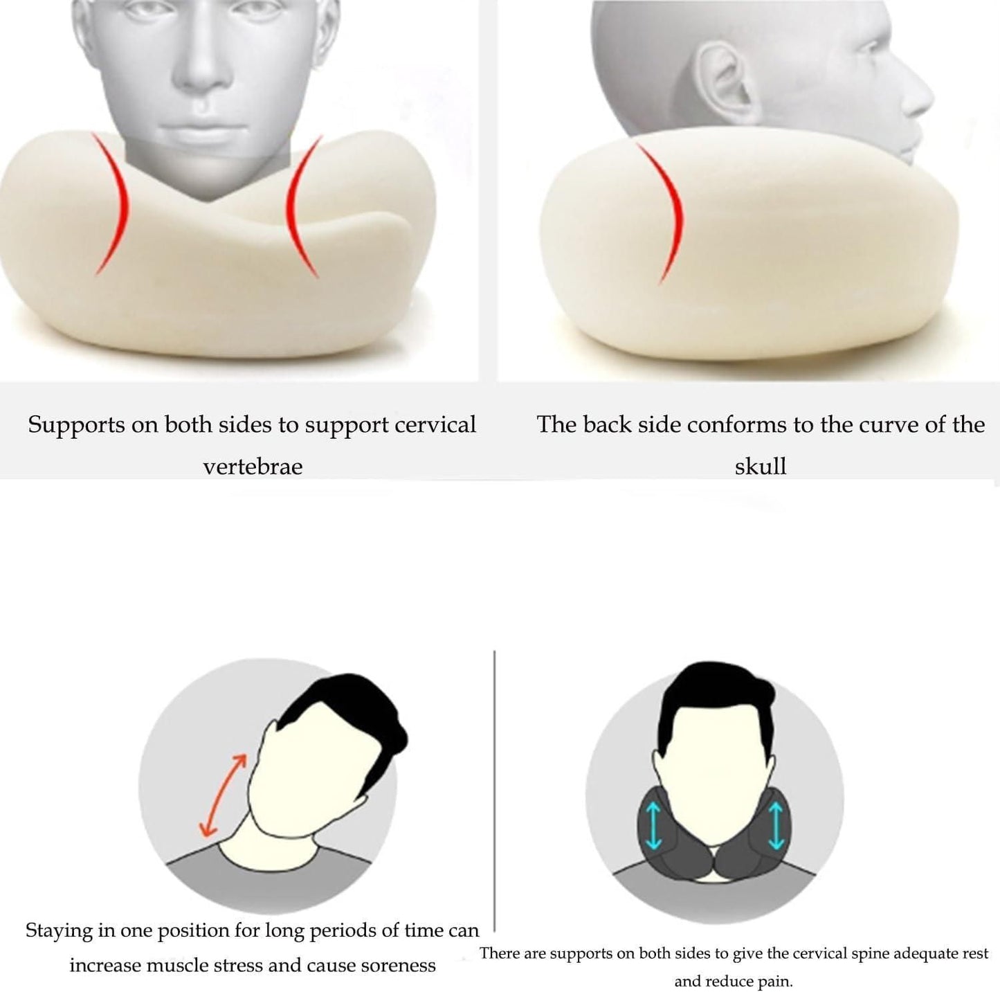 Ergonomic portable neck pillow with carry bag supporting cervical vertebrae and conforming to skull curve