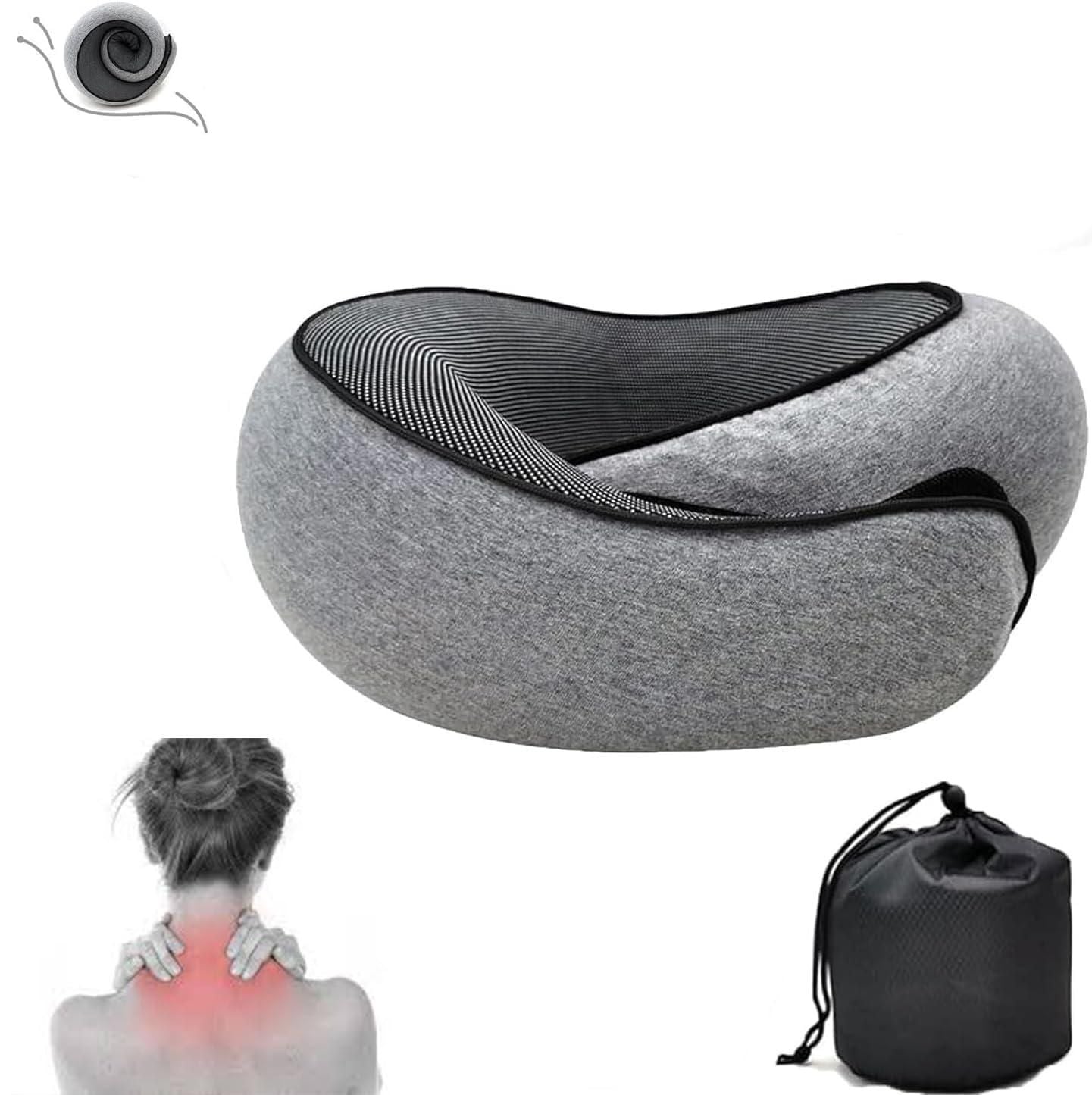 Gray portable neck pillow with carry bag designed for neck pain relief and travel comfort
