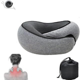 Gray portable neck pillow with carry bag designed for neck pain relief and travel comfort