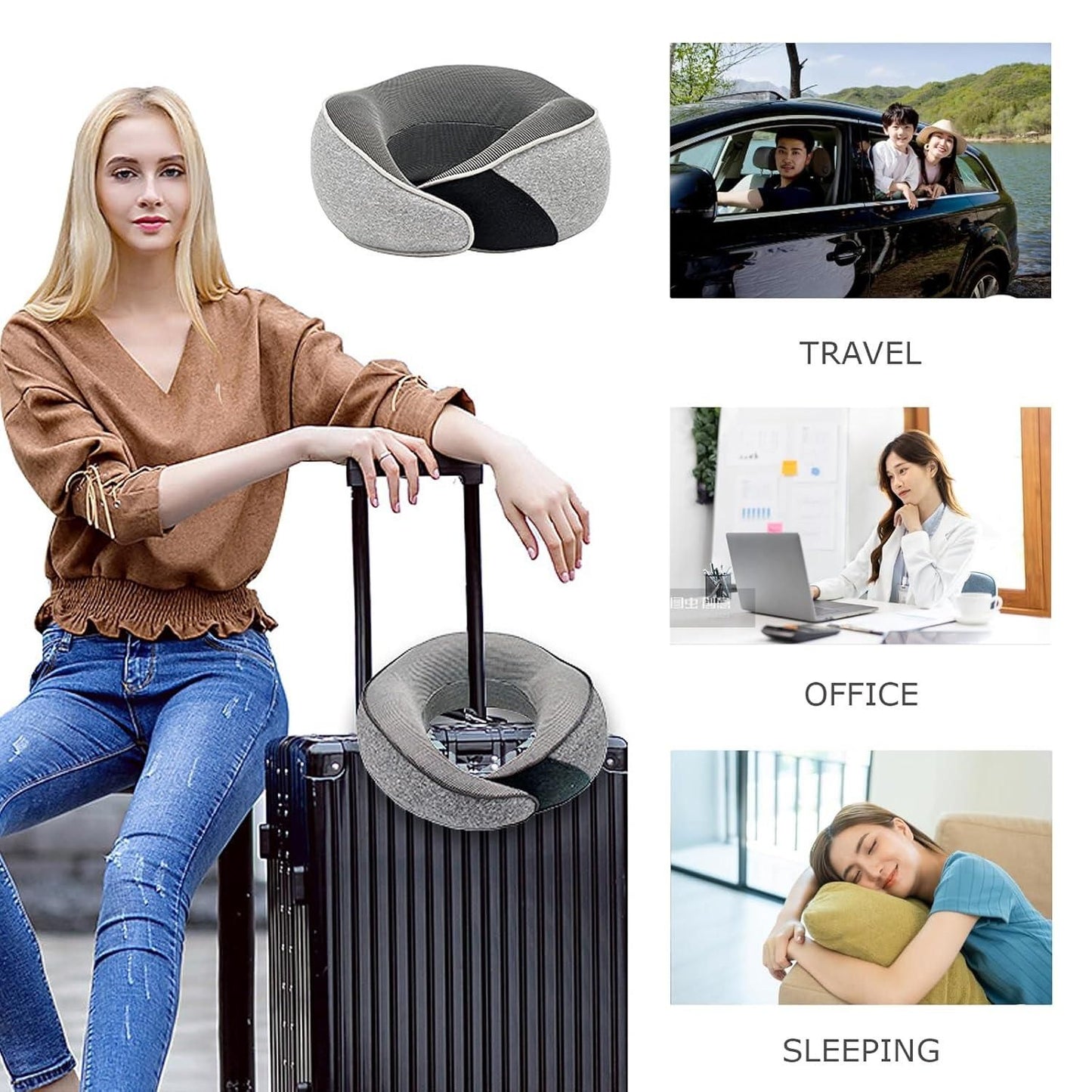 Portable neck pillow with carry bag shown for travel office and sleeping use with woman sitting by suitcase