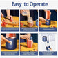 Step-by-step use of the best compact portable juicer showing fruit chopping, adding liquid, blending, and cleaning