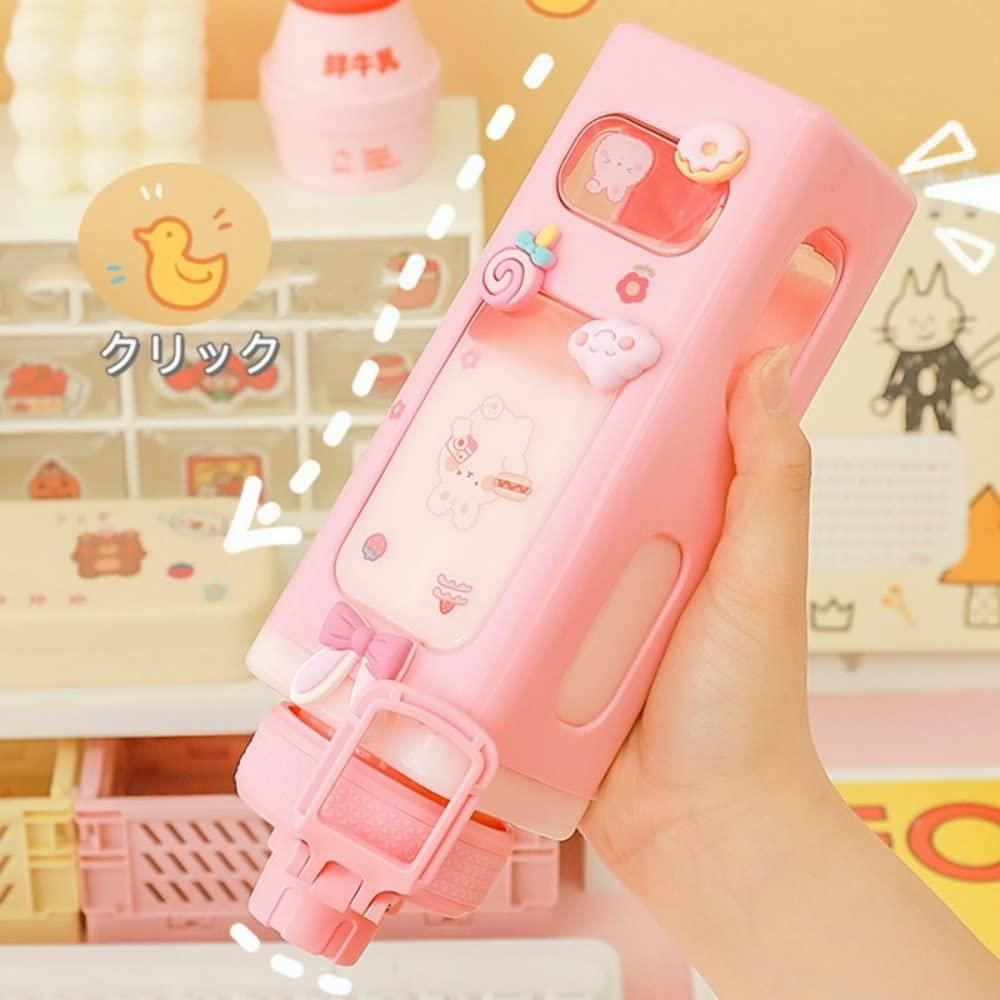 Cute straw water bottle for boys & girls in pink with cartoon character designs and easy grip