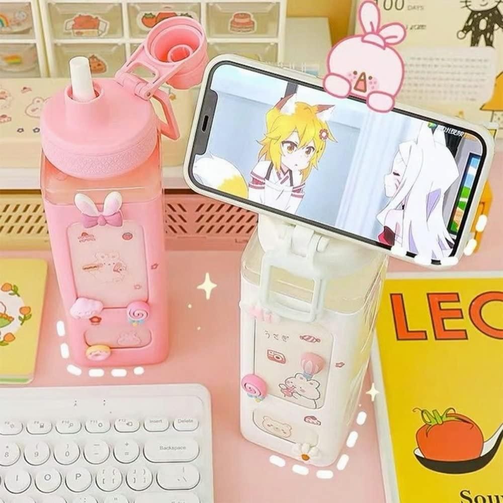 Cute straw water bottle for boys & girls in pink and white with bunny designs and phone holder feature