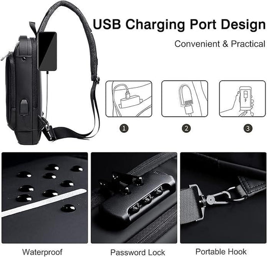Black sling bag for men and women featuring USB charging port, waterproof design, password lock, and portable hook