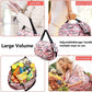 Foldable shopping bags set in pink camouflage with adjustable handles shown carried over arm, hand, and shoulder holding groceries