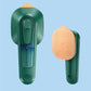 Green and gold portable clothes steamer with ergonomic handle and water tank on blue background