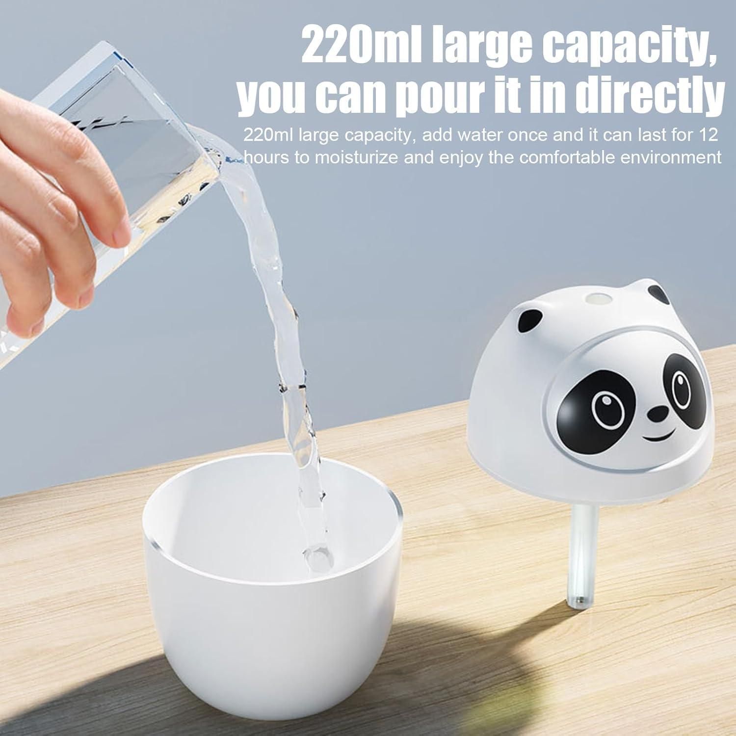 Mini cool mist humidifier for room with panda design and 220ml large capacity being filled with water