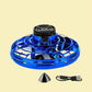 Blue magic flying orb toy with protective outer cage and USB charging cable on light background