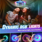 Kids playing with a magic flying orb toy featuring dynamic RGB lights floating above them at night