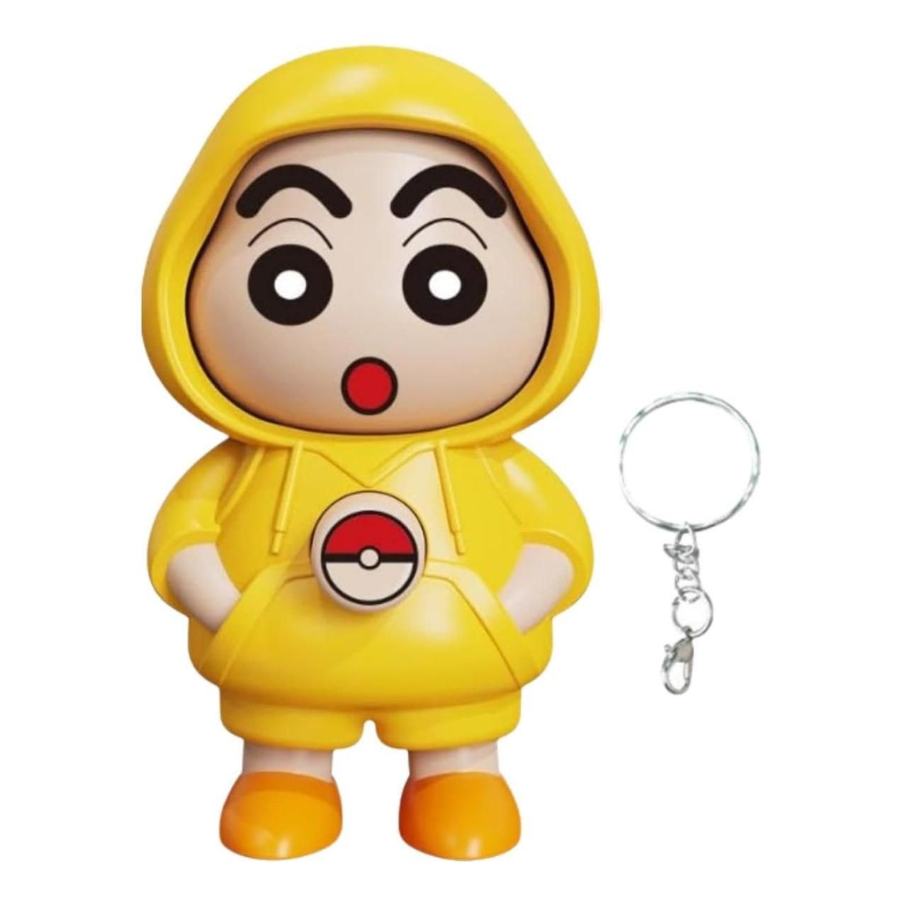 Shinchan cartoon keychain India featuring a yellow hoodie figure with expressive eyes and a round pendant
