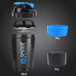 Black and blue gym shaker bottle for protein with detachable components and storage compartments