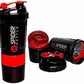 Black and red gym shaker bottle for protein with detachable compartments and mixing ball