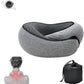 Gray portable neck pillow with carry bag designed for neck pain relief and travel comfort
